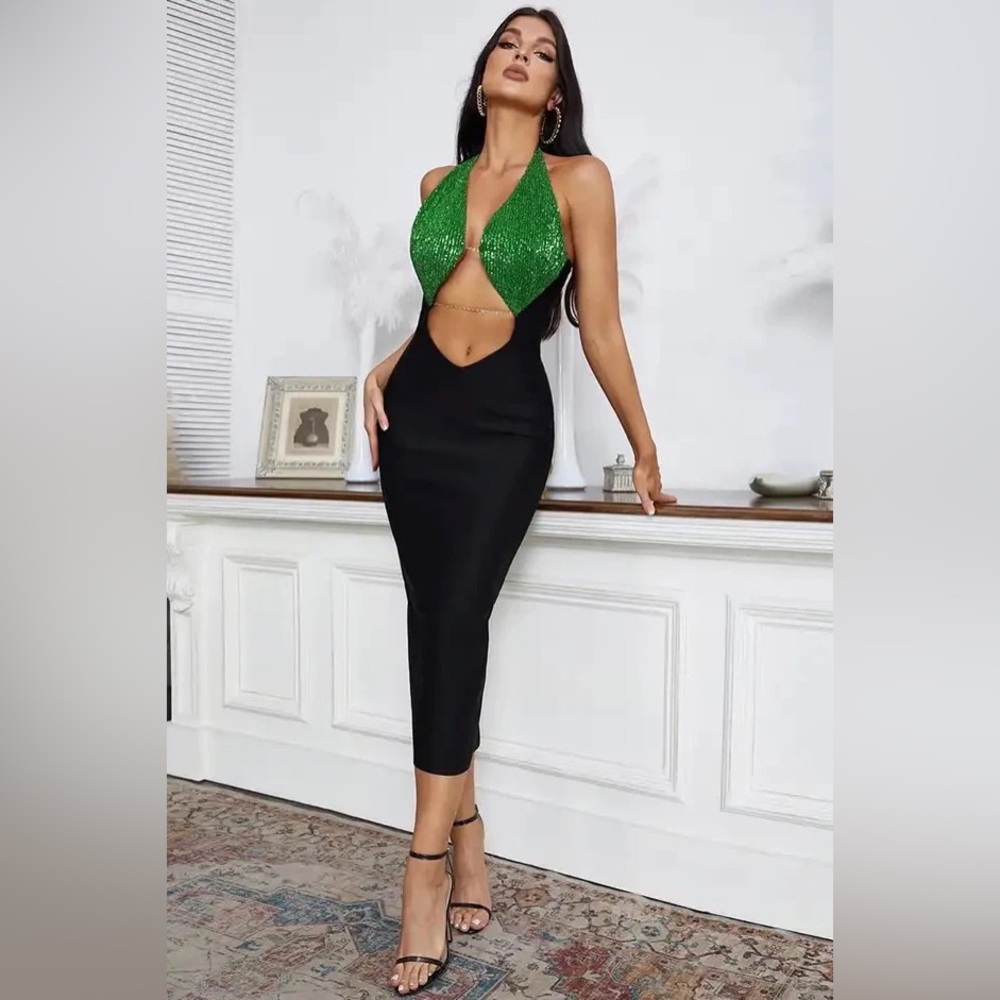 Black and Green Sequin Midi Dress